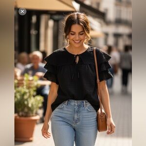 RUCHED SUNCOO PARIS BLACK BRODERIE EYELET TIERED RUFFLE SLEEVE BLACK BLOUSE